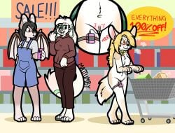 anthro bat black_hair blonde_hair blush bottomwear breasts canid canine canis cellphone clothing collar eeveelution electronics embarrassed exhibitionism eyewear fan_character female fennec_fox flustered fox generation_2_pokemon genitals glasses group hair hoodie inside lock long_hair maddie mammal matt_(mattumby) mattumby nintendo nude overalls pants penetration penny_fenmore phone pokemon pokemon_(species) public public_nudity pussy sex_toy sex_toy_in_pussy sex_toy_insertion shopping shopping_cart smile store topwear trio true_fox umbreon vaginal_penetration vaginal_penetration vibrator vibrator_in_pussy walking wings