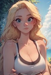 ai_generated blonde_hair blue_eyes blush cleavage cute detailed_background freckles large_breasts meduim_breasts