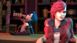 2girls 3d 3d_animation accurate_art_style animated arcane arcane_jinx arcane_vi bar blue_hair cel_shading clothed clothed_female drinking drunk female female_only groping incest jinx_(league_of_legends) kissing league_of_legends licking official_style part_1 part_of_a_set punk punk_girl red_hair seejaydj sisters sound tagme vi video