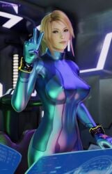 1girls blonde_hair blonde_hair_female bodysuit female_focus female_only hard_nipples latex metroid nintendo peace_sign samus_aran sarah_bryant shaddoll_x zero_suit_samus