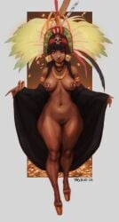 armlet bigbossrequiem chel chel_(carnival) dark-skinned_female dark_nipples dark_skin full_body headress highres jewelry naked_towel necklace nipple_piercing nipple_rings piercing platform_heels pubic_hair south_american the_road_to_el_dorado thick_thighs wide_hips