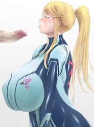 1boy 1boy1girl 1girls blonde blonde_hair female imminent_fellatio imminent_oral male metroid nintendo ogura_anko samus_aran tagme white_background