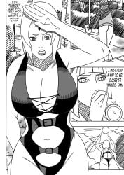 2girls ass big_breasts bikini bikini_bottom bikini_top blunt_bang bob_cut cleavage comic commentary dialogue drink drinking english_text female female_only full_body glass hand_on_hip hoodie hourglass_figure huge_breasts jacket large_breasts mature mature_female mature_woman milf multiple_girls naruto naruto:_the_last naruto_(series) naruto_shippuden ninrubio one-piece_swimsuit oppai outdoors sagging_breasts samui seaside speech_bubble story swimsuit table text translated tsunade umbrella voluptuous water