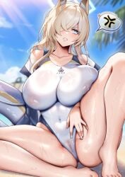 anger_vein angry animal_ear_fluff animal_ears beach blonde_hair blue_archive blue_eyes blue_halo breasts cameltoe competition_swimsuit covered_erect_nipples covered_navel day deep_skin dog_ears dog_girl feet female hair_over_one_eye halo highres huge_breasts jacket kanna_(blue_archive) kanna_(swimsuit)_(blue_archive) large_breasts long_hair nipples_visible_through_clothing official_alternate_costume one-piece_swimsuit outdoors palm_tree ponytail public_peace_bureau_(blue_archive) rourou_(been) sand sharp_teeth sitting solo spoken_anger_vein spread_legs swimsuit teeth thighs toenails tree valkyrie_police_academy_swimsuit valkyrie_police_school_logo_(blue_archive) valkyrie_police_school_student wet white_one-piece_swimsuit