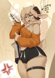 1boy anthro bovid bulge bulge_through_clothing caprine coughytoffee crop_top femboy fur holding_phone horn horns mammal phone sheep shorts tail thick_thighs white_body white_fur