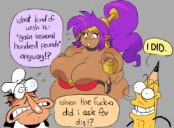 bbw dark-skinned_female fat_woman female_focus flustered_female huge_belly joke_art morbidly_obese_female panicked_look peppino_spaghetti pizza_tower ponytail purple_hair sagging_breasts shantae shantae_(character) sleepyslut snapped_bikini text_bubble wayforward wild_woody wild_woody_(character)