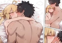 1boy 1girls ahoge arms_around_neck aroused artoria_caster_(fate) artoria_pendragon_(caster) artoria_pendragon_(fate) blonde_hair blush completely_nude ebora fate/grand_order fate_(series) female fujimaru_ritsuka_(male) green_eyes happy_sex heart heart_ahoge highres hug kissing kissing_forehead kissing_while_penetrated light-skinned_female long_hair looking_pleasured missionary_position multiple_views nude on_back on_bed sex straight sweat twintails youngmanisdown