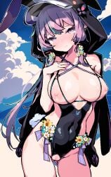 @_@ animal_ears blush breastless_swimsuit breasts cloud cloudy_sky commentary_request contrapposto cowboy_shot crotchless crotchless_swimsuit demusato_(udmp) flower hair_flower hair_ornament hand_on_own_chest highres hood large_breasts one-piece_swimsuit pixel_art purple_ribbon rabbit_ears rabbit_tail ribbon sky standing swimsuit tail tearing_up voiceroid wavy_mouth yuzuki_yukari