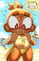 1girls anthro beach bikini bloons_tower_defense blush dart_monkey embarrassed female female_only goatboydraws monkey monkey_girl navel primate shaking solo sun swimsuit teeth text