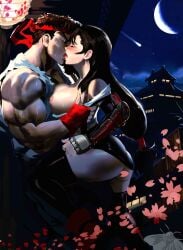 1boy 1girl 1girls 2d absurd_res areolae balcony bandana big_breasts blush capcom castle cherry_blossoms closed_eyes couple crossover crossover_pairing cute_face dark_hair dat_ass dojo exposed_breasts female final_fantasy final_fantasy_vii fit_male french_kiss hair_ornament hi_res hugging human human_only kissing light-skinned_female light-skinned_male light_skin long_hair lovers male male/female mashingvaquita moon moonlight muscular muscular_male night ponytail romantic_couple ryu_(street_fighter) shooting_star square_enix starry_sky street_fighter sweat sweating thick_thighs tifa_lockhart voluptuous voluptuous_female waitress wholesome