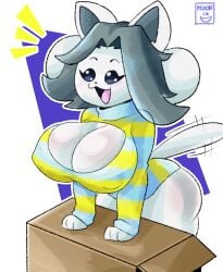 absurd_res anthro beverage big_breasts blush blush_lines box breasts canid canine cleavage clothed clothing container cup excited felid feline female happy hi_res mammal moonix_xero solo store tea_cup tem temmie_(undertale) undertale undertale_(series) white_body