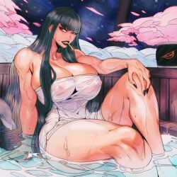 1girls bare_arms bare_legs bare_shoulders bare_thighs big_breasts black_hair character_request cigarette clothed clothing color female female_focus female_only hi_res hot_spring large_breasts light-skinned_female light_skin long_hair looking_at_viewer master_dcj nipples_visible_through_clothing red_eyes smoking smoking_cigarette solo solo_female tagme thick_thighs water wet