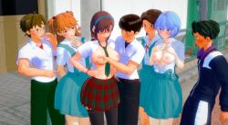 3boys 4girls asuka_langley_sohryu blush breast_grab breasts breasts_out brown_hair clothing female glasses groping groping_breasts groping_from_behind group hikari_horaki human kensuke_aida light-skinned_female light_skin long_hair mari_illustrious_makinami medium_breasts multiple_boys multiple_girls neon_genesis_evangelion nipples no_bra partially_clothed public public_indecency public_nudity rebuild_of_evangelion rei_ayanami school_uniform shinji_ikari skirt stockings toji_suzuhara twintails