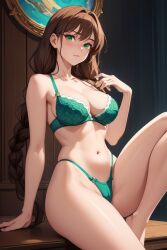 ai_generated big_breasts bra braided_ponytail braids breasts brown_hair green_bra green_clothes green_eyes green_thong green_underwear huge_breasts jamie_(othersd) light-skinned_female light_skin long_hair navel oc original original_character othersd pattern_clothing pointy_chin slim_waist thick_thighs thighs thong underwear underwear_only