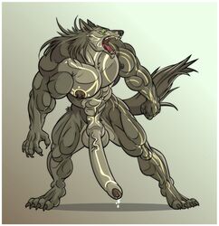 1boy 2011 abs anthro body_marking canine cum fangs flexing fur furious_(artist) furry glowing_eyes green_eyes huge_cock male male_only muscles penis pose solo werewolf wolf