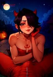 1femboy 1male 2024 2d 2male 2males ai_generated bulge bulge_through_clothing choker demon_horns evil_smile femboy femboy_focus flat_chest flat_chested hair_over_one_eye halloween ilfb looking_at_viewer male male/male male_focus male_only male_pov moon moonlight night night_sky self_upload smil smiling_at_viewer trap uncensored