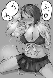 1boy bikini bikini_under_clothes blush breasts clothed_sex cowgirl_position female female_on_top girls_und_panzer implied_sex large_breasts long_hair monochrome navel nonna open_mouth pov sex straight sweat swimsuit tied_shirt yotsumeya