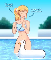 1girls bikini bottomless female jpeg pool standing tagme text uc-four unaware wardrobe_malfunction water