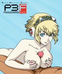 1girls aegis_(persona) aigis_(persona) ass blonde_hair blue_background blue_eyes breasts dark-skinned_male erection hands_on_breasts happy happy_paizuri happy_sex highres humanized large_breasts makoto_yuki nipples paizuri paizuri_lead_by_female paizuri_on_lap penis persona persona_3 persona_3_fes persona_3_portable robot smile straight supremetantei uncensored