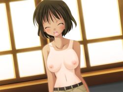 bare_shoulders bedroom belt blush breasts brown_hair cleavage closed_eyes clothes female female_only game_cg human koi_to_mizugi_to_taiyo_to large_breasts moan moaning navel nipples nude open_mouth pose pov room scream screaming short_hair shorts solo sunlight sunshine tan_lines topless window