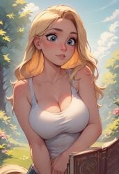 ai_generated blonde_hair blue_eyes blush cleavage cute detailed_background freckles large_breasts meduim_breasts tank_top