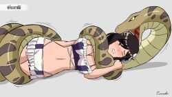 belly belly_button bikini black_hair coiled_tail coiling coils final_fantasy final_fantasy_vii final_fantasy_vii_remake imminent_vore nsfw red_eyes snake snake_girl snake_vore solo solo_female struggling swimsuit swimwear tifa_lockhart vore white_skin zocorukii