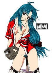 1girls baseball_bat blue_hair breasts brown_eyes female full_metal_panic hair_ornament hair_ribbon highres kaname_chidori long_hair nipples open_clothes open_shirt panties pubic_hair purple_panties smile solo standing underwear white_background