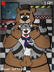 anthro balls bear bodily_fluids bonnie_(fnaf) clothed clothing drooling duo eyewear felid five_nights_at_freddy's freddy_(fnaf) front_view genitals glasses inside male male/male mammal pantherine partially_clothed penis reverse_stand_and_carry_position saliva scottgames sebboh sex spread_legs spreading standing standing_sex tiger tongue tongue_out