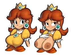 2024 accurate_art_style big_breasts black_eyes blush breasts brown_hair crown earrings female female_focus female_only flashing_breasts gloves lewdmcgill looking_away mario_(series) mario_and_luigi_(series) nintendo nipples princess_daisy shirt_lift white_background