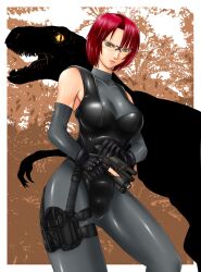 1girls beretta_px4 bodysuit breasts cleavage cocking_gun commentary_request detached_sleeves dino_crisis dinosaur female fully_clothed glasses gloves gun handgun holster judge_martin large_breasts raptor red_hair regina_(dino_crisis) safety_glasses short_hair skin_tight solo thigh_holster tinted_eyewear trigger_discipline weapon yellow-tinted_eyewear