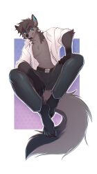 anthro canid canine canis clothed clothing fur hi_res kohl_grey male mammal simple_background smile solo sunnyowi tail wolf