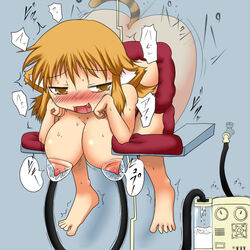 animal_ear aruva ass blonde_hair blush bondage breast_sucking breasts double_breast_sucking female gold_eyes hanging_breasts lactation large_breasts machine milk milking milking_machine nipples open_mouth smile solo yellow_eyes