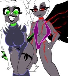 black_eyes bright bright_colors bright_eyes bright_pupils clothed clothing dominant dominant_female glowing glowing_eyes glowing_markings green_collar green_eyes grey_body grey_skin happy happy_female hazbin_hotel jo-el_(retzhuko) katana leaning leaning_forward long_hair long_sleeves oc original_character pov pov_eye_contact retzhuko_(artist) ro-sel_(retzhuko) sharp_eyelashes smile smiling smiling_at_viewer sword tight tight_clothes tight_clothing tight_fit tight_pants tight_pussy transparent_background transparent_png vivienne_medrano vivziepop