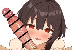 1boy absurdres bar_censor black_hair censored erection female hair_between_eyes highres kono_subarashii_sekai_ni_shukufuku_wo! looking_at_viewer megumin open_mouth penis penis_on_face pov pov_crotch red_eyes sameoka simple_background smile solo_focus straight veins veiny_penis white_background