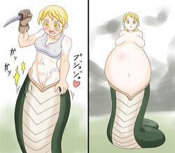 blonde_hair blush breasts clothing female gold_eyes hakosaku knife lamia monster naga nipples open_mouth pussy scared snake tail transformation vore weapon yellow_eyes