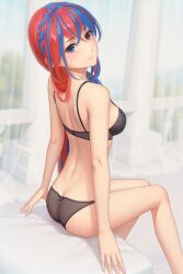 1girls alear_(female)_(fire_emblem) alear_(fire_emblem) ass back balcony bare_arms bare_back bare_legs bare_shoulders bed big_ass black_bra black_panties blue_eyes blue_hair braid breasts butt_crack curtains female female_only fire_emblem fire_emblem_engage hair_between_eyes hair_over_shoulder heterochromia indoors legs long_hair looking_at_viewer looking_back medium_breasts miura-n315 multicolored_hair nintendo on_bed panties red_eyes red_hair see-through shoulders smile solo source_request underwear very_long_hair