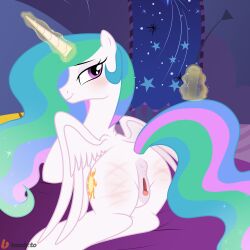 absurd_res alicorn anus blush bondage equid equine female friendship_is_magic genitals hair hasbro hi_res horn horse mammal multicolored_hair my_little_pony mythological_creature mythological_equine mythology nika-rain pony princess_celestia_(mlp) pussy smile solo white_body wings