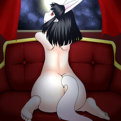 aruva ass black_hair blush female furry looking_back moon multi_ear night nude open_mouth pointy_ears red_eyes sky star tail