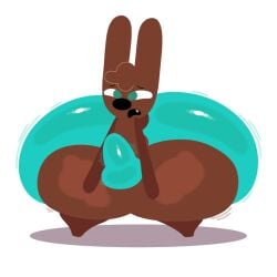 aqua_shorts black_nose breathotter brown_fur brown_tail bulge bulge_through_clothing bunny chocolate_bunny cocoa_the_bunny hands-free handsfree_ejaculation huge_ass huge_butt hyper_ass hyper_butt hyper_thighs legs_together oc orgasm_without_stimulation original_character rabbit throbbing_penis worried