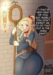 1girls blonde_hair bottom_heavy clothing cross_samax dialogue dungeon_meshi elf elf_female female female_only indoors looking_at_viewer marcille_donato png pointy_ears solo staff talking_to_viewer text thick_thighs torch wide_hips