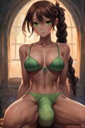 1futa 1futanari ai_generated anime balls balls_bulge big_breasts braided_ponytail braids breasts brown_hair cock_bulge female flaccid flaccid_penis futanari green_bra green_eyes green_panties green_thong green_underwear huge_breasts huge_cock jamie_(othersd) light-skinned_female light_skin long_hair navel oc original original_character othersd panties_bulge penis_bulge pointy_chin slim_waist solo solo_female solo_futa testicles thick_thighs thighs