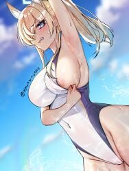 absurdres animal_ear_fluff animal_ears arm_up armpits blonde_hair blue_archive blue_eyes blue_halo blue_sky blurry blurry_background blush breasts cameltoe clenched_teeth clothes_pull commentary competition_swimsuit covered_navel day depth_of_field dog_ears dutch_angle english_commentary extra_ears female from_side groin groin_tendon hair_over_one_eye halo high_ponytail highleg highleg_swimsuit highres kanna_(blue_archive) kanna_(swimsuit)_(blue_archive) kawanmushi large_breasts long_hair looking_at_viewer looking_to_the_side nipples official_alternate_costume one-piece_swimsuit one-piece_swimsuit_pull outdoors partially_visible_vulva ponytail presenting_armpit pulling_own_clothes scowl sharp_teeth sidelocks sky slit_pupils solo standing straight_hair swimsuit teeth twitter_username v-shaped_eyebrows valkyrie_police_academy_swimsuit water wet white_one-piece_swimsuit