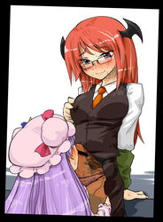 :3 arm_warmers bat_wings blush border bow breasts bulge cameltail censored crescent dress_shirt erect_nipples eyewear fellatio female formal futa_with_female futanari glasses hair hat head_wings intersex koakuma letterboxed long_hair long_sleeves multiple_females necktie nipple_tweak oral panties panties_over_pantyhose pantyhose patchouli_knowledge penis penis_in_panties penis_in_pantyhose pointless_censoring precum purple_hair red_eyes red_hair seki_(red_shine) shirt skirt_suit smile suit sweat sweatdrop the_embodiment_of_scarlet_devil touhou underwear vest white_shirt wings