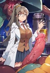 ai_generated detailed_background futaba_rio glasses huge_cock imminent_sex labcoat large_breasts larger_male monster monster_cock ponytail scientist shiny_skin shocked shocked_expression sidelocks size_difference skirt thighs tie tight_clothing