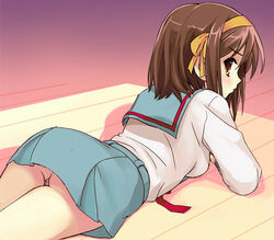 1girls ass blush bow brown_eyes brown_hair clothing cute female from_behind fully_clothed haruyama innocent legs_together looking_at_viewer looking_back lying no_panties on_stomach photoshop pussy pussy_peek school_uniform short_hair skirt solo suzumiya_haruhi suzumiya_haruhi_no_yuuutsu teenager uncensored upskirt white_skin young