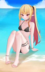 1girls 2d 2d_(artwork) alternate_costume beach bikini bikini_bottom bikini_top black_bikini black_bikini_bottom black_bikini_top black_swimsuit blonde_hair clouds day dsuzu eternals_(idol_corp) female female_focus female_only front_view full_body high_resolution highres idol_corp idol_es latam_virtual_youtuber light-skinned_female light_skin long_hair ocean outdoors pigtail pointy_ears red_eyes red_hair ruby_runeheart sand sitting sky slim_girl small_breasts smiling smiling_at_viewer solo solo_female solo_focus summer swimsuit two_piece_swimsuit two_tone_hair virtual_youtuber vtuber vtuberfanart water young younger_female