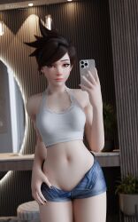 1girls 3d 3d_(artwork) bedroom blender blizzard_entertainment blush blushed brown_eyes brown_hair female female_focus full_color fully_clothed katoyngo kneeling mirror mirror_selfie naked naked_female no_penetration overwatch overwatch_2 petite_body phone seductive selfie short_hair solo solo_female solo_focus spiky_hair taking_picture tracer