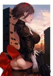 ass brown_hair city_background cityscape cosplay exposed_back female goddess_of_victory:_nikke hairband hintobento holding_gun holding_weapon nier nier:_automata nier_(series) open_back rapi_(nikke) red_trim short_hair side_view sky solo solo_female solo_focus thighhighs upskirt wind wind_lift yorha_2b_(cosplay)
