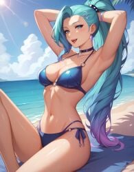 ai_generated beach bikini blue_eyes blue_hair blue_hair_female female girl gloriousevolution34 k/da_all_out_seraphine k/da_all_out_series k/da_series league_of_legends league_of_legends:_wild_rift riot_games seraphine_(league_of_legends) video_games