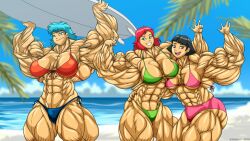 3girls abs atariboy biceps big_breasts big_muscles bikini breasts female large_breasts large_muscles muscles muscular muscular_arms muscular_female